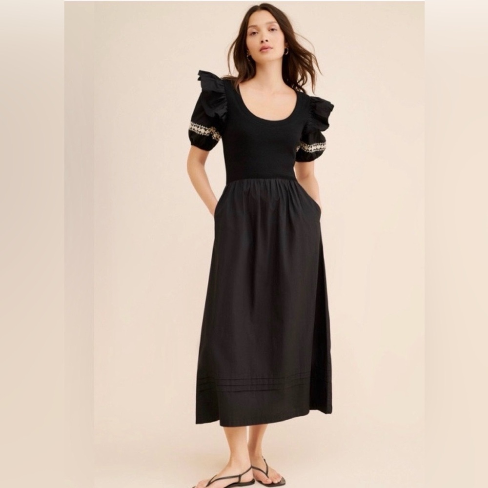 Cleobella Selma Midi Dress Black Women Large Puff Sleeves Knit‎ cottagecore boho - Picture 2 of 14